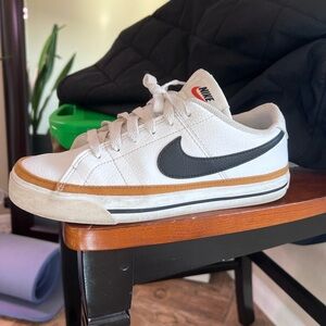 Nike Court Legacy. White and Black Sneakers with Tan Accents